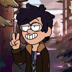 an animated image of a man with glasses giving the peace sign