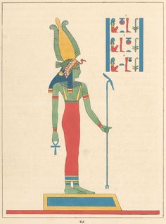 an ancient egyptian painting depicting the god tutane with his head turned to look like he is holding a staff