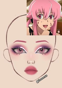 Yuno Gasai Makeup, Pink Makeup Looks Full Face, Pokemon Inspired Makeup, Pink Anime Makeup, Cute Anime Makeup, Cosplay Makeup Looks, Cosplay Makeup Ideas, Makeup Ideas Drawing