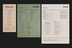 three different types of menus are shown in the same color and font scheme, each with