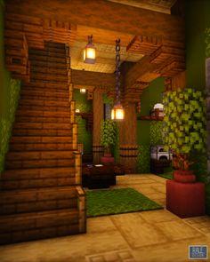 the inside of a house with green walls and stairs