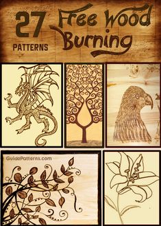 wood burning patterns with the words 27 free wood burnings on it and images of different designs