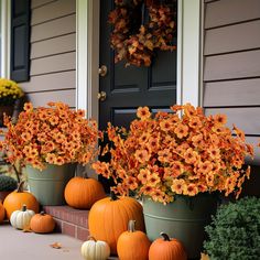 pumpkins and flowers on the front steps of a house