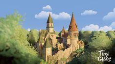 an animated image of a castle surrounded by trees