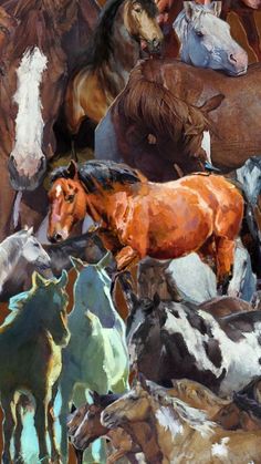 an oil painting of horses and their foals