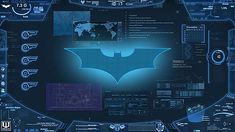 the bat symbol is shown in this futuristic poster, with blue lighting and dark background