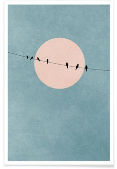 birds sitting on a wire with the moon in the background