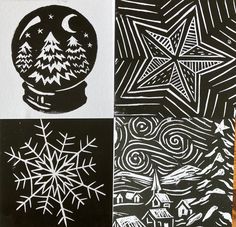 four different black and white paintings with snowflakes