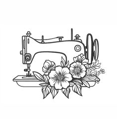 a black and white drawing of a sewing machine with flowers on the table next to it