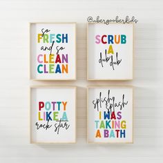 four framed art pieces with the words scrub and clean