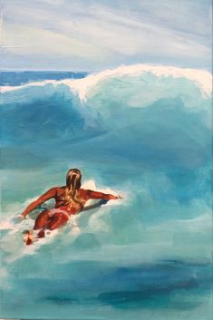 a painting of a woman on a surfboard riding a wave in the ocean,