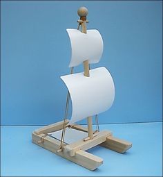 a model sailboat on a wooden stand against a blue background with the sails down