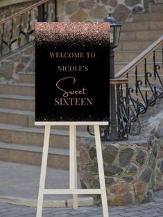 a welcome sign stands in front of some steps and railings, with the words welcome to nicole's sweet sixteen on it