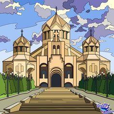 a drawing of a church with stairs leading up to it