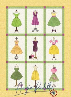 an image of some dresses on display in a quilter's pattern book, with the words happy fall written below it