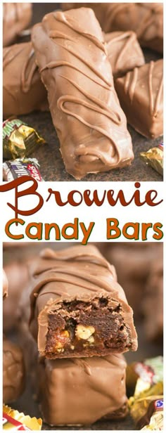 chocolate brownie candy bars are stacked on top of each other, with the title above it