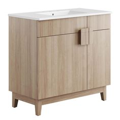 a bathroom vanity with a white sink and wooden cabinet doors on the sides, against a white background