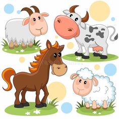 four farm animals on the grass with bubbles in the background royalty illustration for children stock illustration