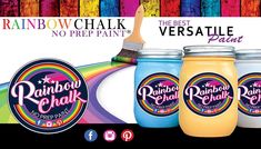 three jars of rainbow chalk paint with the words rainbow chalk painted on them and an image of