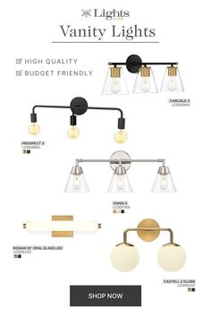 the vanity lights are shown in different styles and colors, including black, gold, and white