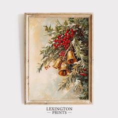 a painting with bells hanging from it's side and holly branches on the wall