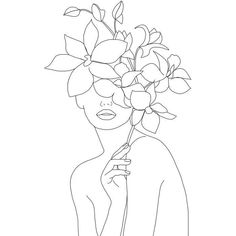 a line drawing of a woman holding a flower in her hand and looking at the camera