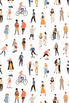 many people are walking and riding bicycles on the street, seamless pattern with various types of people