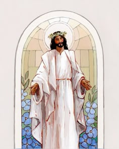 the jesus is standing in front of a stained glass window with flowers on it's side