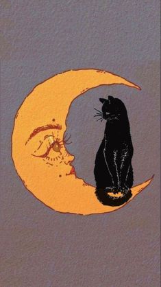 a black cat sitting on top of a half moon with the moon in the background