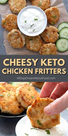 cheesy keto chicken fritters on a plate with cucumbers