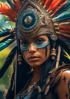 a woman wearing an elaborate headdress with feathers on her face and eye make - up