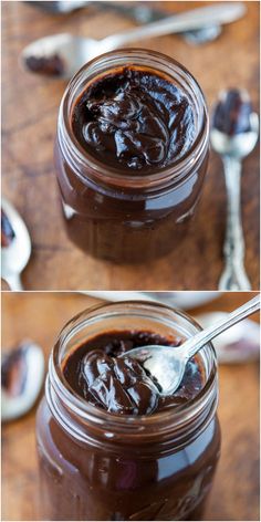 two pictures of chocolate pudding in a jar with spoons