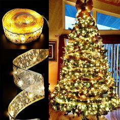 a christmas tree decorated with lights and ribbons