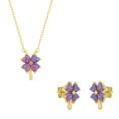 Pink & Purple Opal Four Leaf Clover Sterling Silver Necklace & Earrings Set - Gold Stylish Jewelry Accessories, Purple Opal, Clover Design, Necklace And Earrings Set, Jewelry Ring Box, Solid Gold Jewelry, Opal Necklace, Stylish Jewelry, Leaf Clover