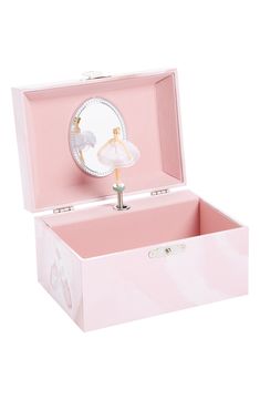 an open pink box with a ballerina figure in the lid and on it's handle