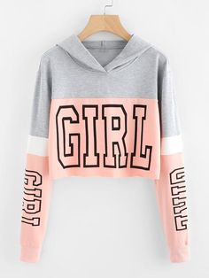 Girl Print Block Hoodie Streetwear Spring, Teenage Outfits, Stil Boho, Girls Crop Tops, Crop Top Hoodie, Top Streetwear, Sweatshirt Women, Tween Outfits, Women Hoodies Sweatshirts