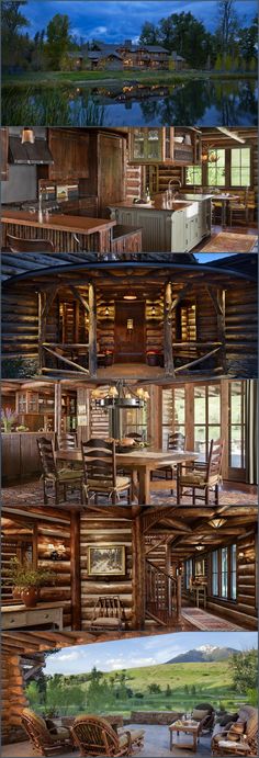 an image of a log cabin with many different rooms and chairs in the front, side, and back