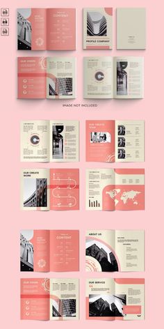 a pink and white brochure with an image of buildings on the front, back and