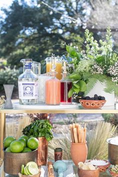 a bar cart filled with drinks and snacks