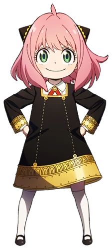 an anime character with pink hair wearing a black dress and gold trimmings, standing in front of a white background