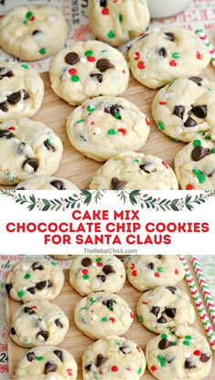 chocolate chip cookies with christmas sprinkles are arranged on a cutting board and in the background