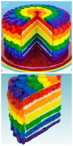 there is a rainbow cake with many layers on the bottom and one layer in the middle