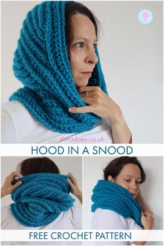 a woman wearing a blue scarf with the words hood in a snood written below it