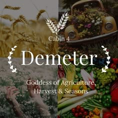 a collage of photos with the words demeter goddess of agriculture harvest and seasons