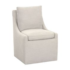 the armless chair is upholstered with a light gray linen fabric and has a rounded