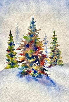 watercolor painting of trees in the snow