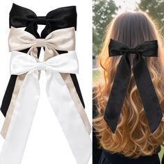 PRICES MAY VARY. 【HIGH QUALITY FABRIC】hair bow are made of high quality fine satin ，soft and smooth, not easy to fade and tear. Metal duckbill clips is not easy to rust,sturdy and durable, can hold your hair firmly in place and not easy to fall off. 【A Great Value Set】The set contains 1 black bows + 1 white bows +1 Champagne bows .You will get 3hair ribbons. allowing you to easily match them with any outfit. sufficient quantity for your daily use and replacement, and you can also share them with White Black Hair, Hair Bows For Women, Black Hair Bow, Elegance Hair, Ribbon Barrettes, Black Hair Bows, White Hair Bows, Trendy Bows, Fabric Hair Bows