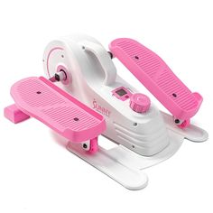 a pink and white toy snowboard with wheels