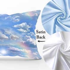 there is a pillow with the sky and clouds as well as it's back