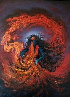 a painting of a woman with fire in her hair and body, surrounded by flames